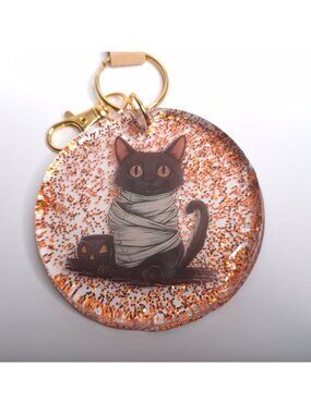 Handmade Resin Halloween Cat Keychain Bag Charm Glitter Gold Hardware Gift